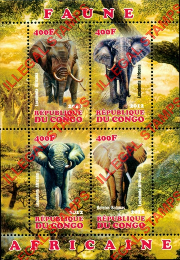 Congo Republic 2012 African Fauna Elephants Illegal Stamp Souvenir Sheet of 4