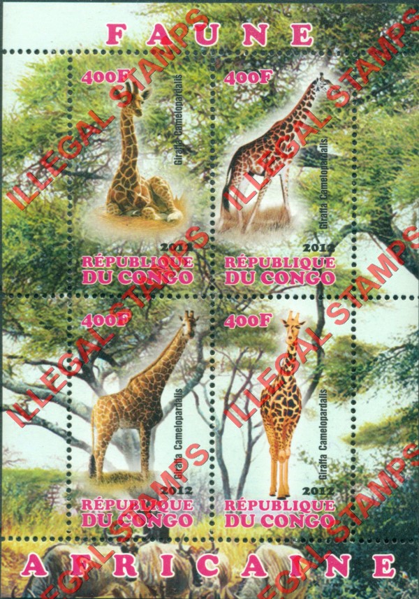 Congo Republic 2012 African Fauna Giraffes Illegal Stamp Souvenir Sheet of 4
