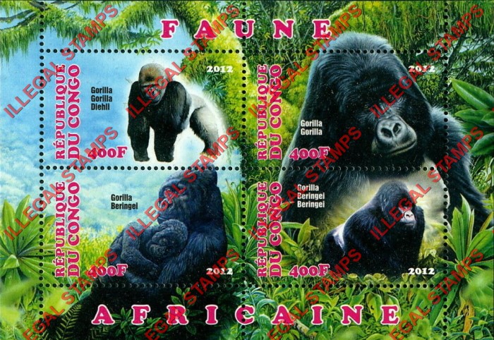 Congo Republic 2012 African Fauna Gorillas Illegal Stamp Souvenir Sheet of 4