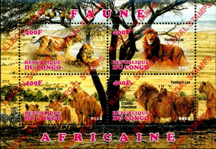 Congo Republic 2012 African Fauna Lions Illegal Stamp Souvenir Sheet of 4