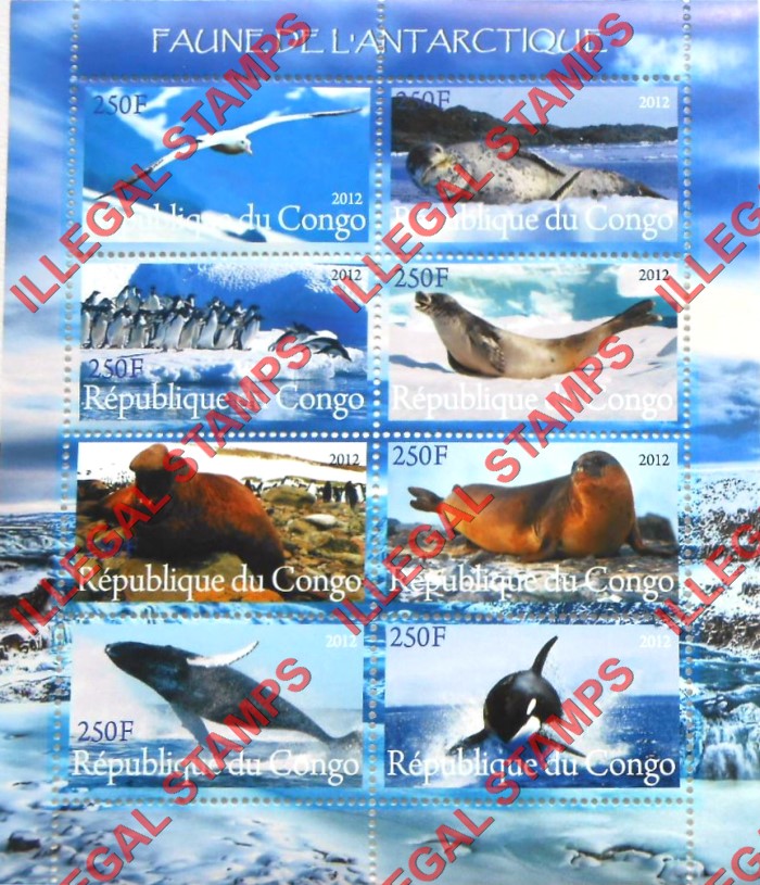 Congo Republic 2012 Antarctic Fauna Illegal Stamp Souvenir Sheet of 8