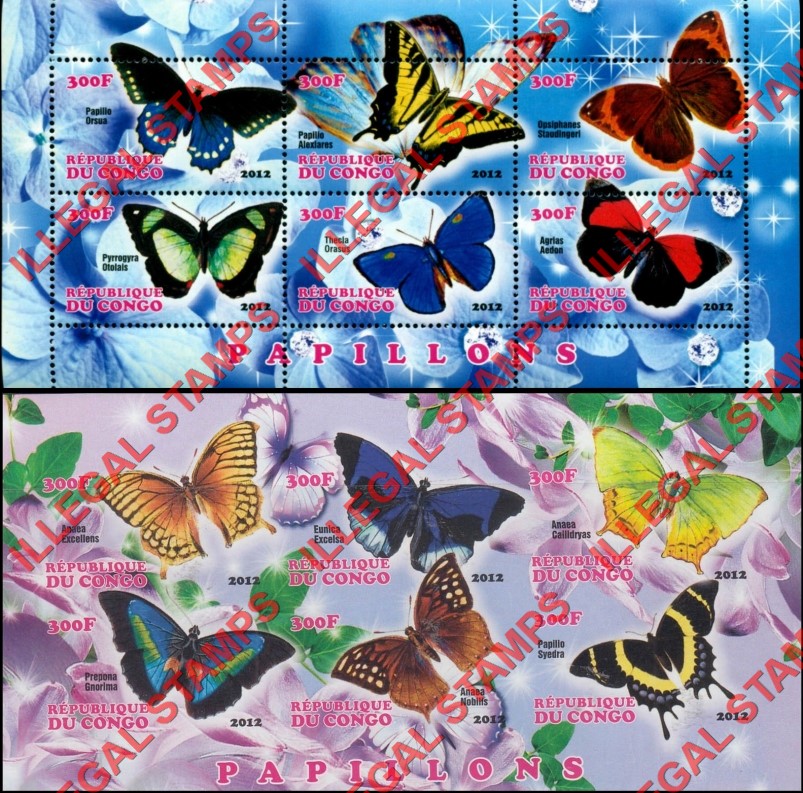 Congo Republic 2012 Butterflies Illegal Stamp Souvenir Sheets of 6