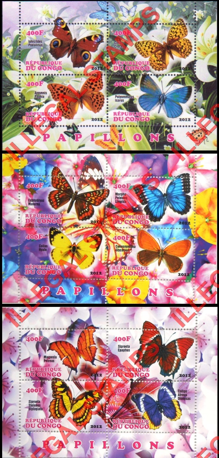 Congo Republic 2012 Butterflies Illegal Stamp Souvenir Sheets of 4