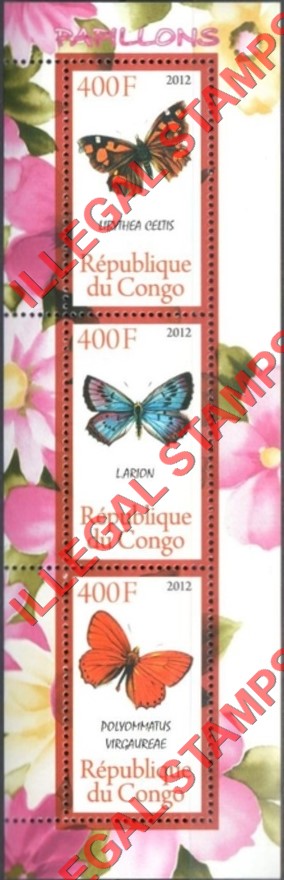 Congo Republic 2012 Butterflies Illegal Stamp Souvenir Sheet of 3