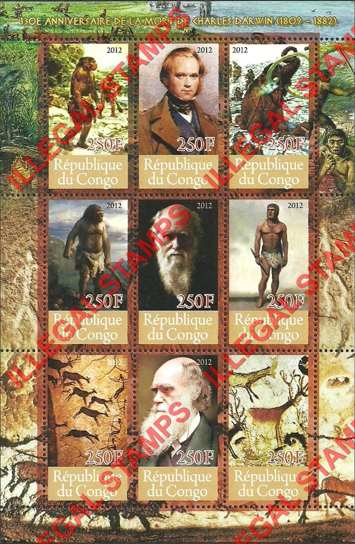 Congo Republic 2012 Charles Darwin Illegal Stamp Souvenir Sheet of 9