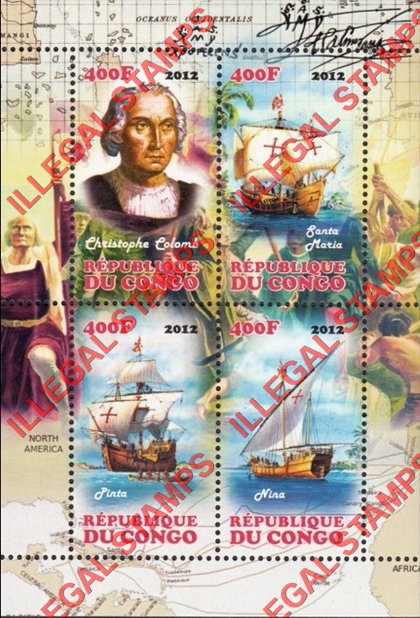 Congo Republic 2012 Christopher Columbus Ships Illegal Stamp Souvenir Sheet of 4