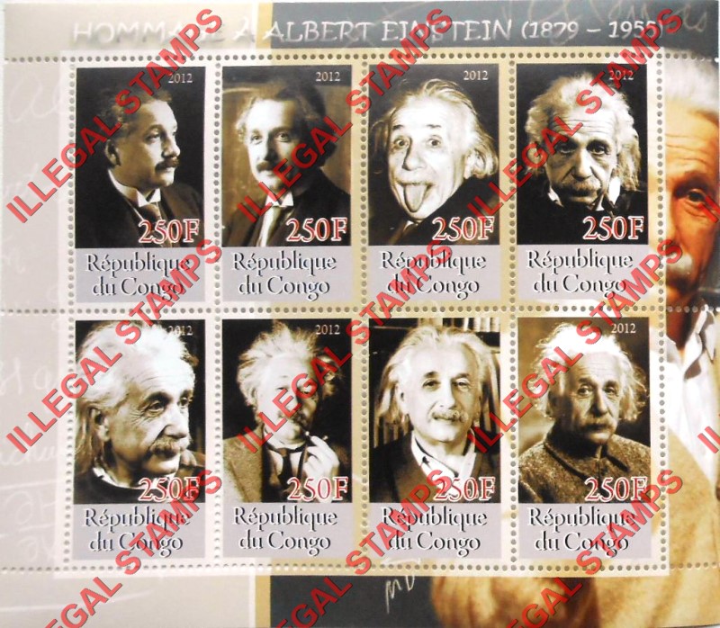 Congo Republic 2012 Albert Einstein Illegal Stamp Souvenir Sheet of 8