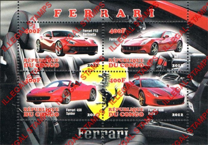 Congo Republic 2012 Ferrari Illegal Stamp Souvenir Sheet of 4