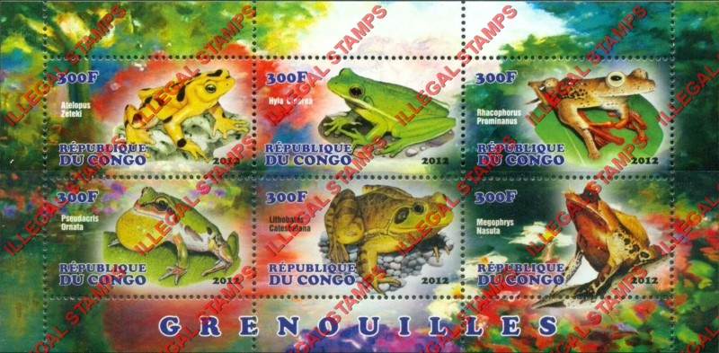 Congo Republic 2012 Frogs Illegal Stamp Souvenir Sheet of 6