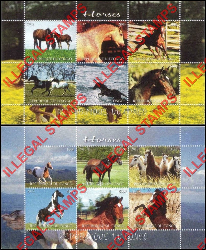 Congo Republic 2012 Horses Illegal Stamp Souvenir Sheets of 6 (Part 1)