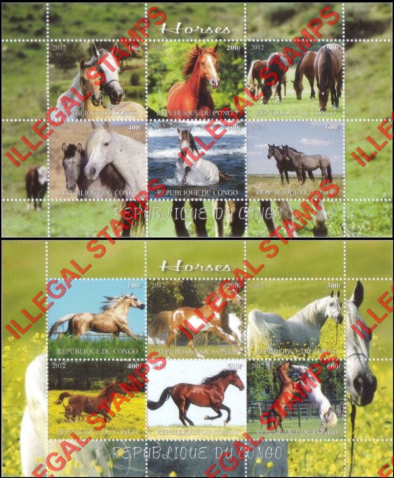 Congo Republic 2012 Horses Illegal Stamp Souvenir Sheets of 6 (Part 2)