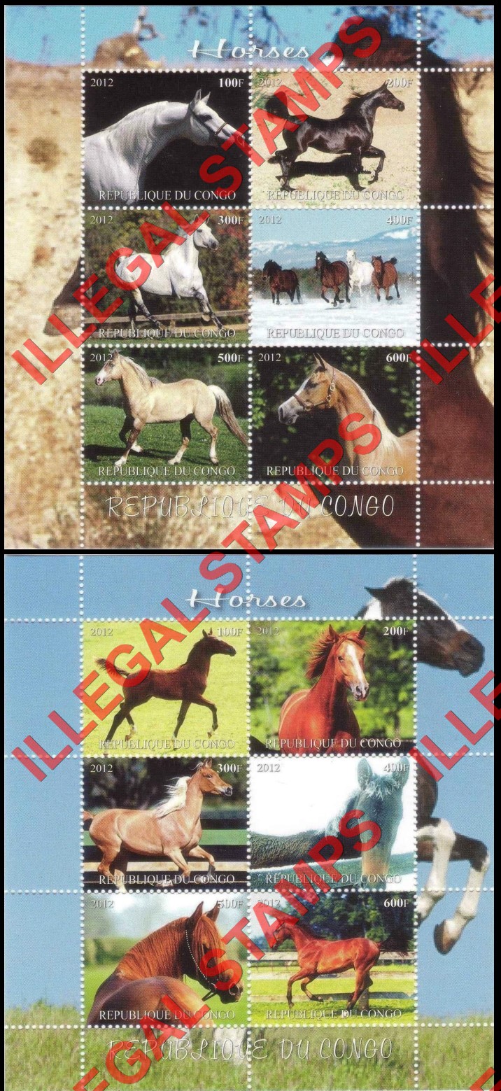 Congo Republic 2012 Horses Illegal Stamp Souvenir Sheets of 6 (Part 3)