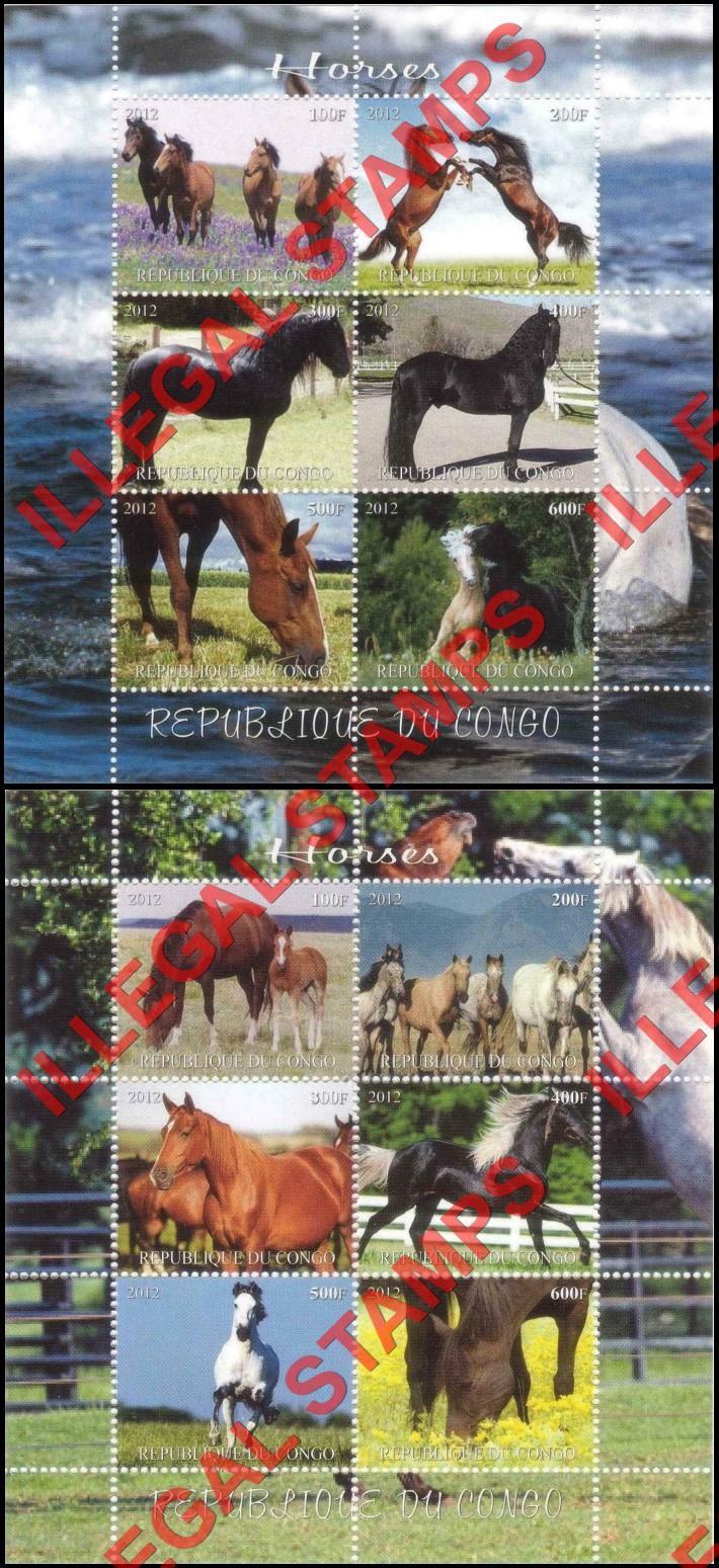 Congo Republic 2012 Horses Illegal Stamp Souvenir Sheets of 6 (Part 4)