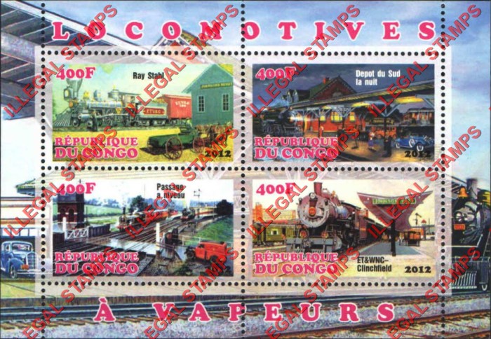 Congo Republic 2012 Locomotives Illegal Stamp Souvenir Sheet of 4