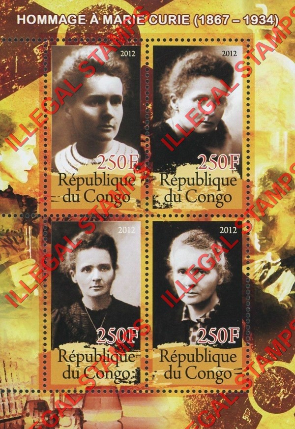Congo Republic 2012 Marie Curie Illegal Stamp Souvenir Sheet of 4