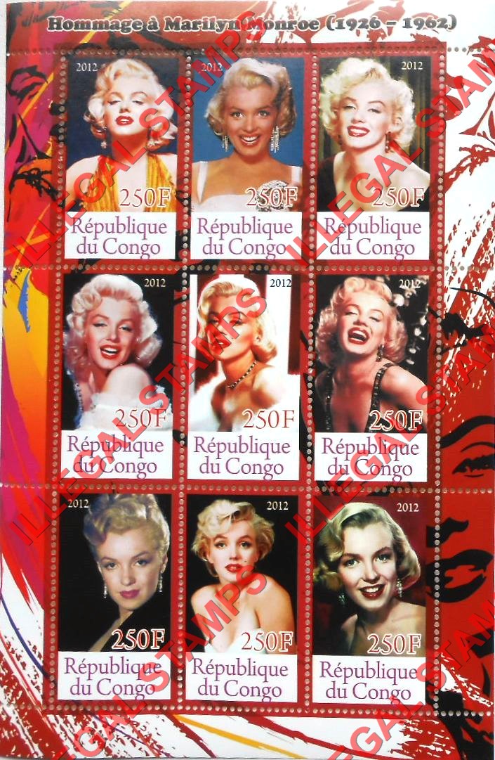 Congo Republic 2012 Marilyn Monroe Illegal Stamp Souvenir Sheet of 9
