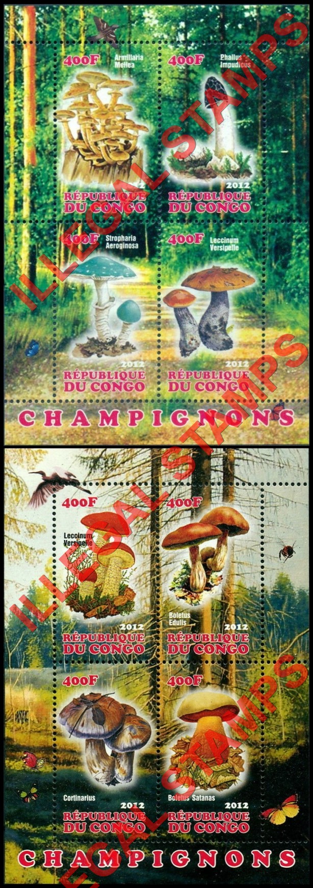 Congo Republic 2012 Mushrooms Illegal Stamp Souvenir Sheets of 4 (Part 1)