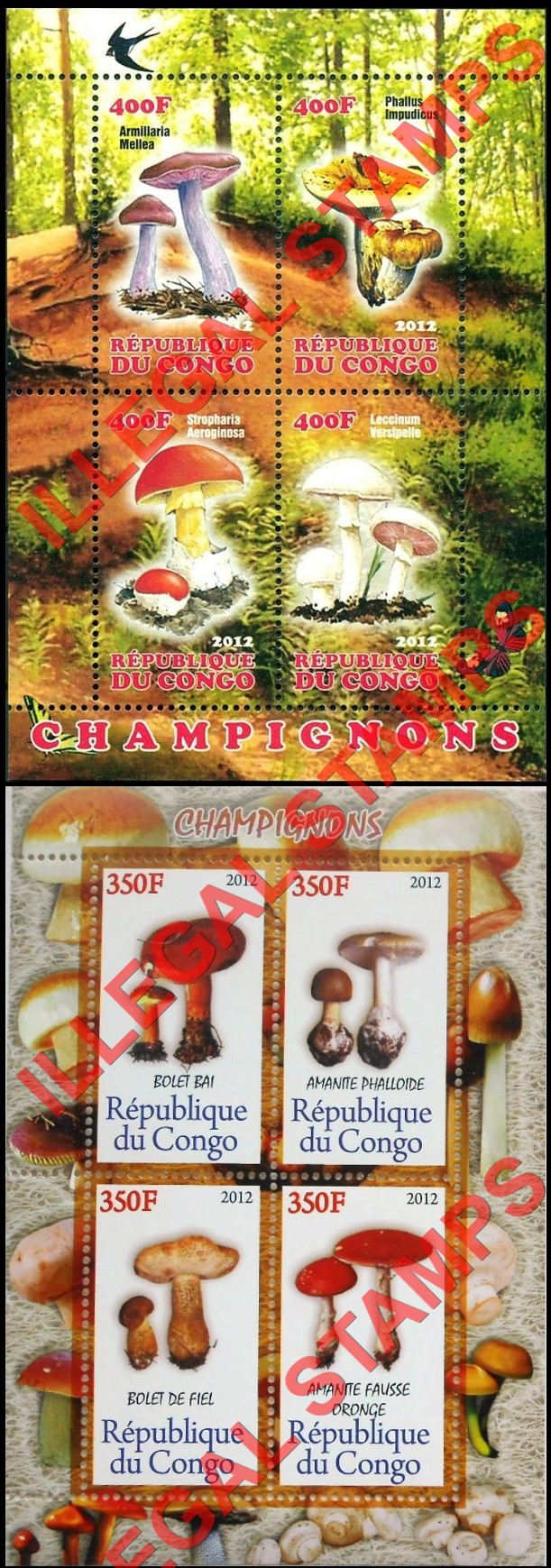 Congo Republic 2012 Mushrooms Illegal Stamp Souvenir Sheets of 4 (Part 2)