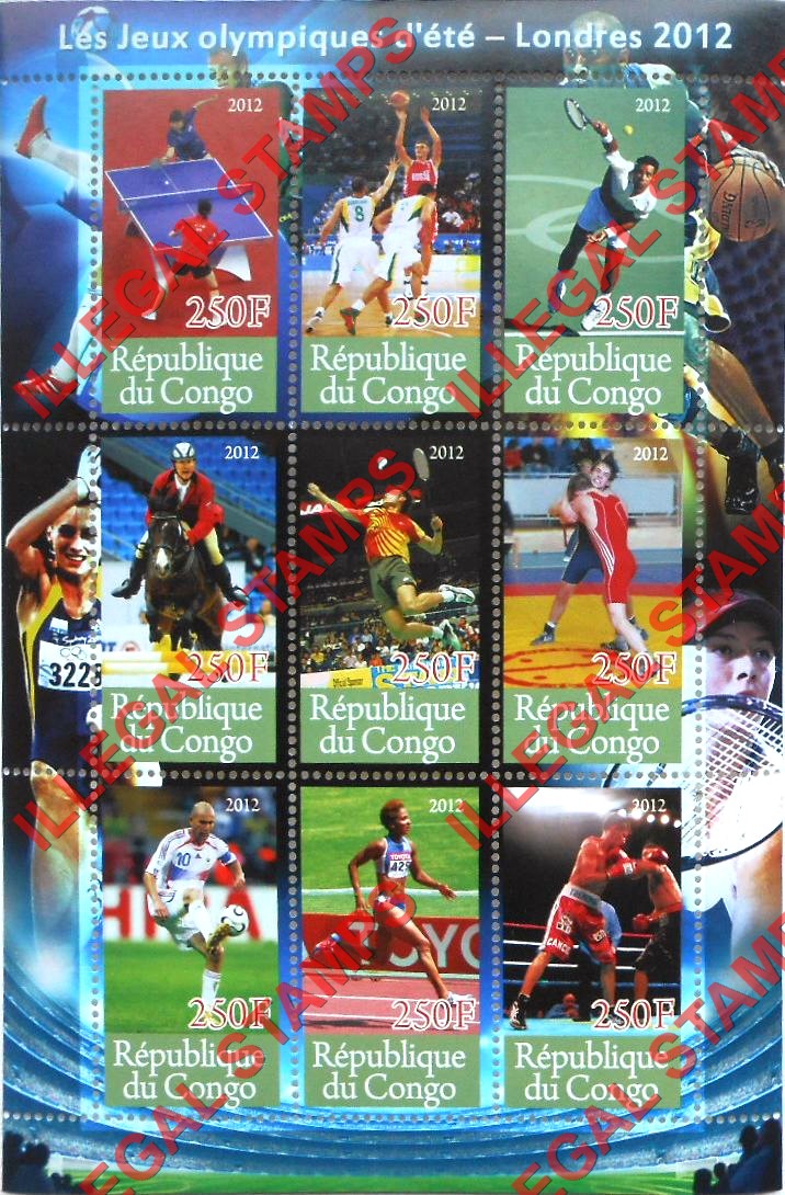 Congo Republic 2012 Olympics Illegal Stamp Souvenir Sheet of 9