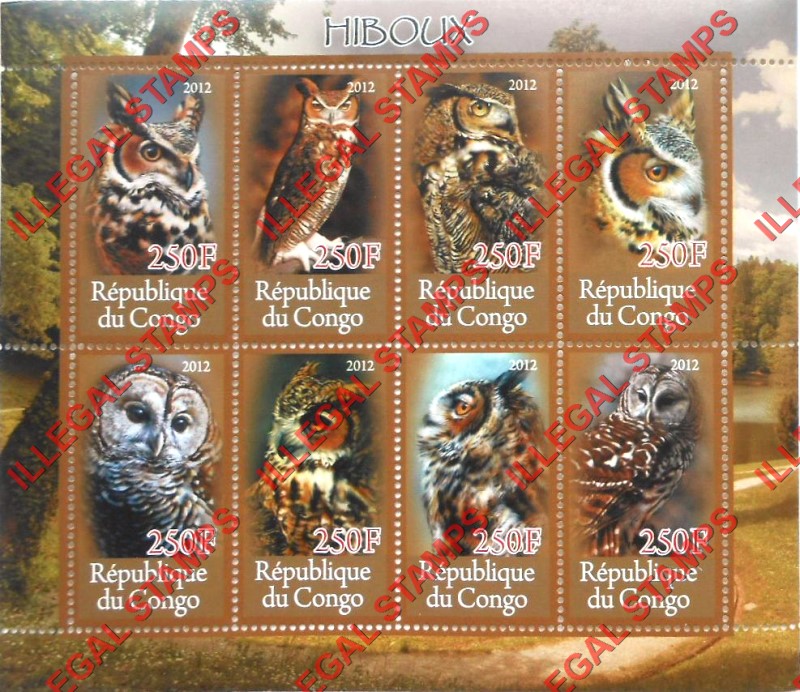 Congo Republic 2012 Owls Illegal Stamp Souvenir Sheet of 8