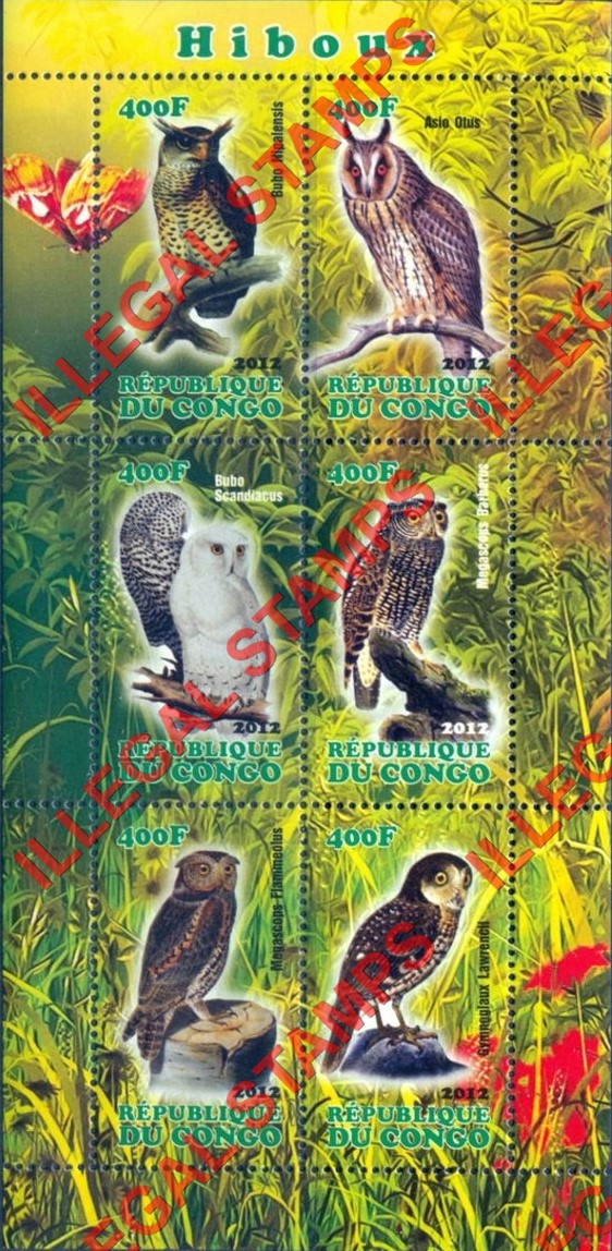 Congo Republic 2012 Owls Illegal Stamp Souvenir Sheet of 6
