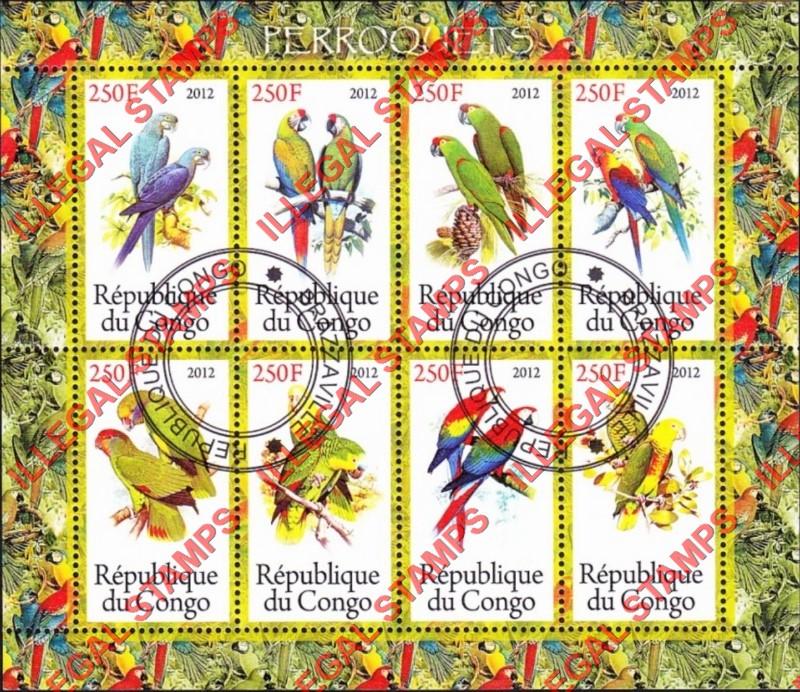 Congo Republic 2012 Parrots Illegal Stamp Souvenir Sheet of 8