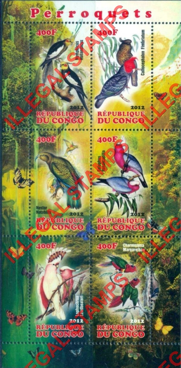 Congo Republic 2012 Parrots Illegal Stamp Souvenir Sheet of 6