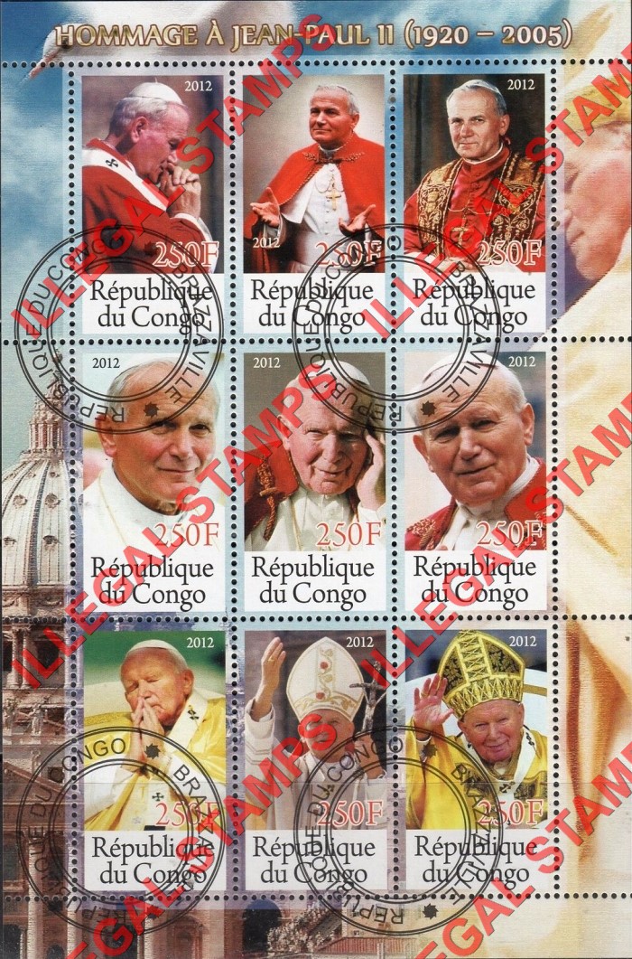 Congo Republic 2012 Pope John Paul II Illegal Stamp Souvenir Sheet of 9
