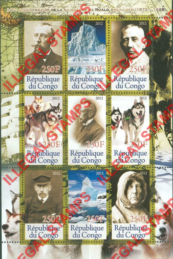 Congo Republic 2012 Roald Amundsen Illegal Stamp Souvenir Sheet of 9