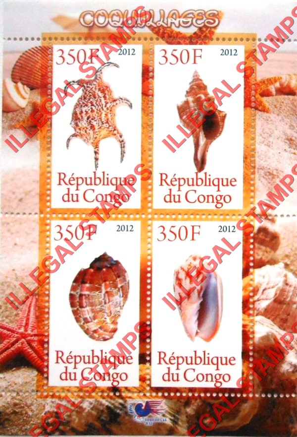 Congo Republic 2012 Shells Illegal Stamp Souvenir Sheet of 4