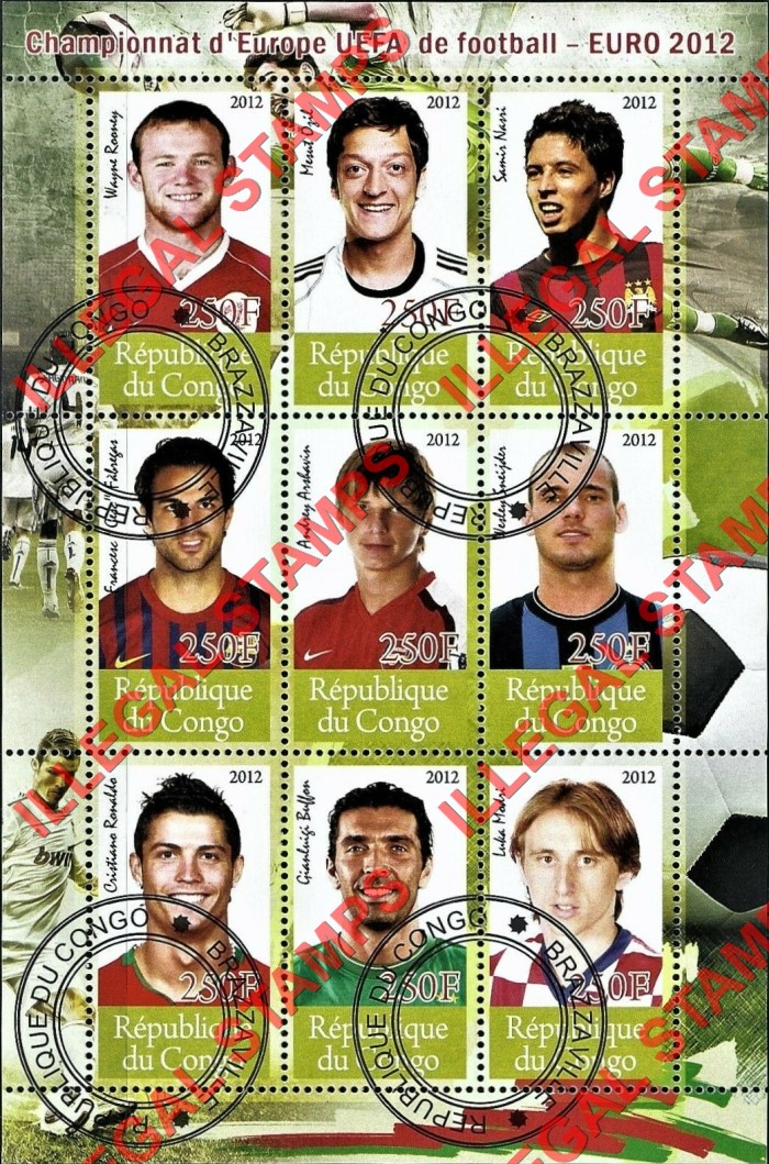 Congo Republic 2012 Soccer Players Illegal Stamp Souvenir Sheet of 9