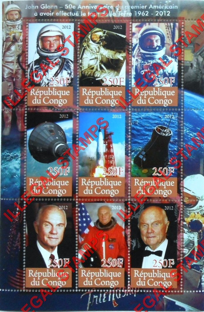 Congo Republic 2012 Space John Glenn Illegal Stamp Souvenir Sheet of 9