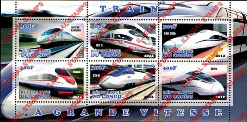 Congo Republic 2012 High Speed Trains Illegal Stamp Souvenir Sheet of 6