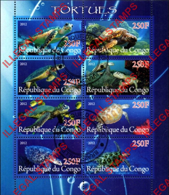 Congo Republic 2012 Turtles Illegal Stamp Souvenir Sheet of 8
