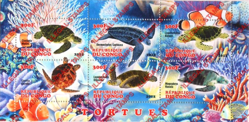 Congo Republic 2012 Turtles Illegal Stamp Souvenir Sheet of 6