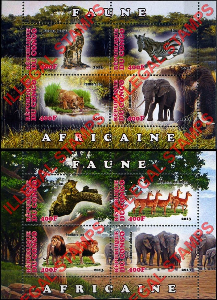 Congo Republic 2013 African Fauna Illegal Stamp Souvenir Sheets of 4