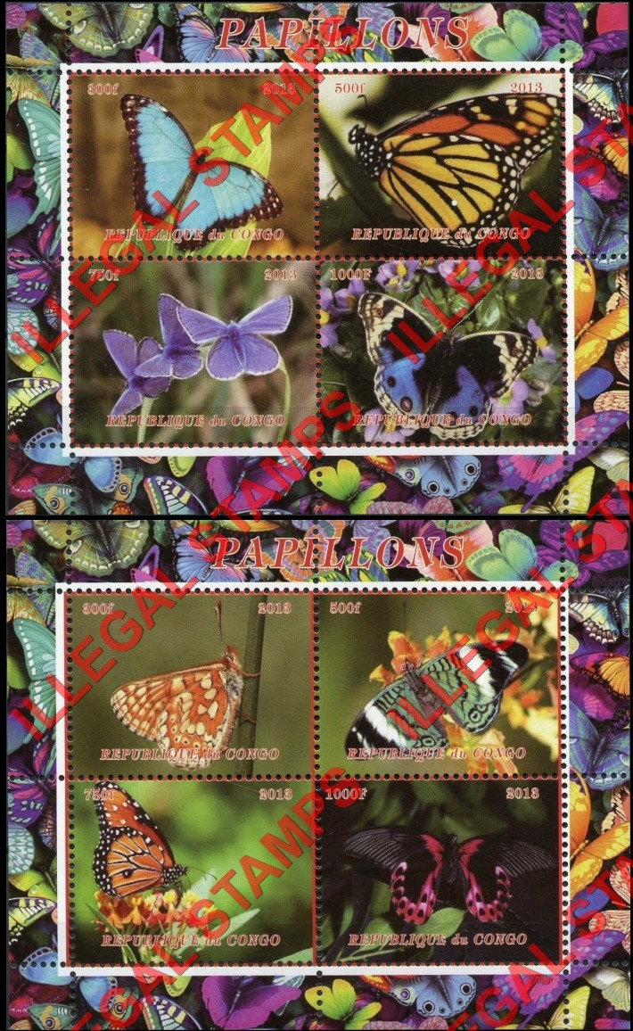 Congo Republic 2013 Butterflies Illegal Stamp Souvenir Sheets of 4 with Butterfly Background (Part 1)