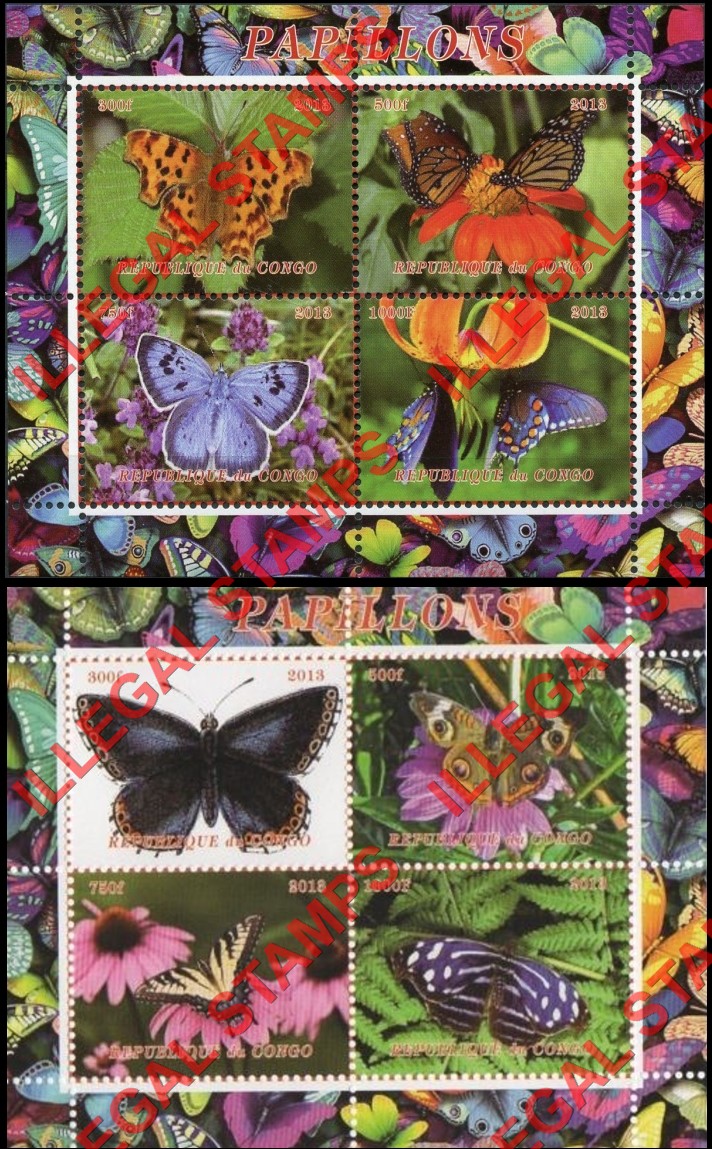 Congo Republic 2013 Butterflies Illegal Stamp Souvenir Sheets of 4 with Butterfly Background (Part 2)