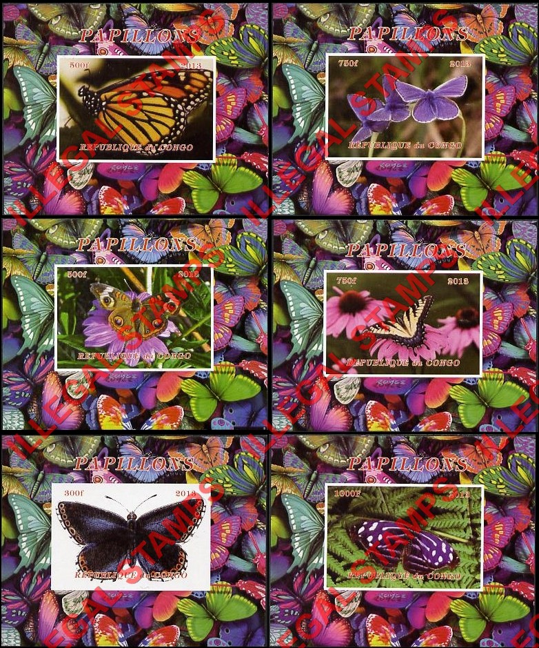 Congo Republic 2013 Butterflies Illegal Stamp Souvenir Sheets of 1 with Butterfly Background