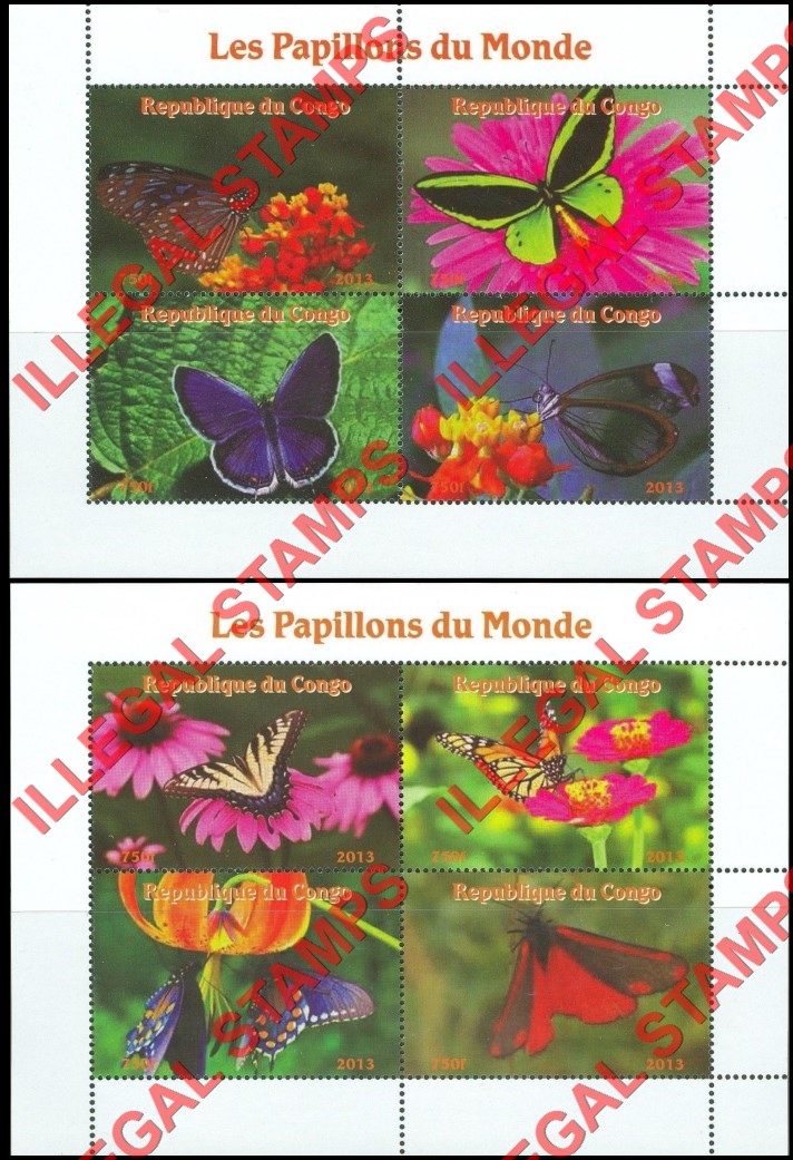 Congo Republic 2013 Butterflies Illegal Stamp Souvenir Sheets of 4 with White Background (Part 1)