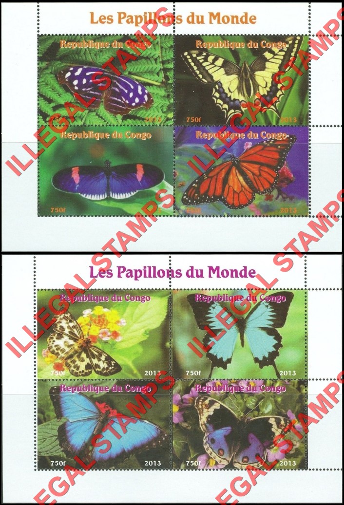 Congo Republic 2013 Butterflies Illegal Stamp Souvenir Sheets of 4 with White Background (Part 2)