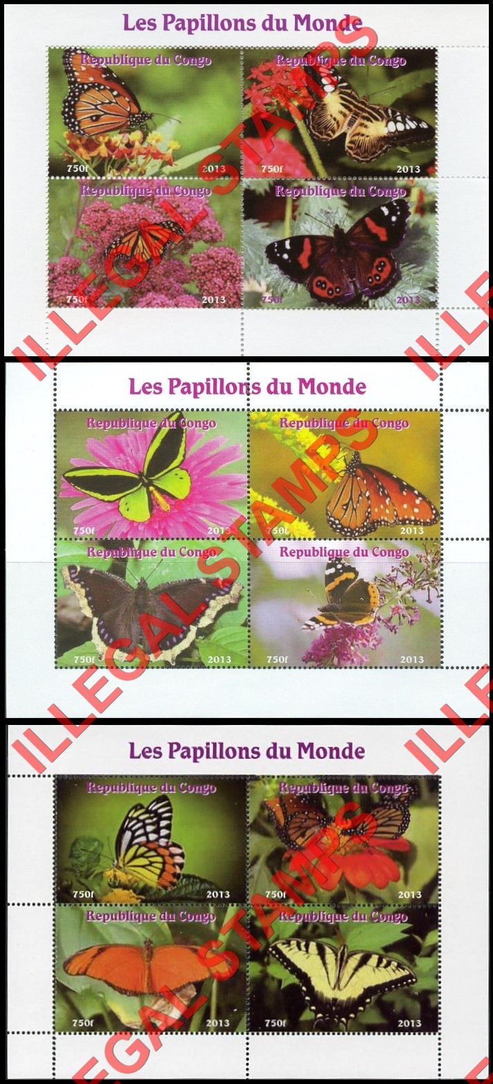 Congo Republic 2013 Butterflies Illegal Stamp Souvenir Sheets of 4 with White Background (Part 3)