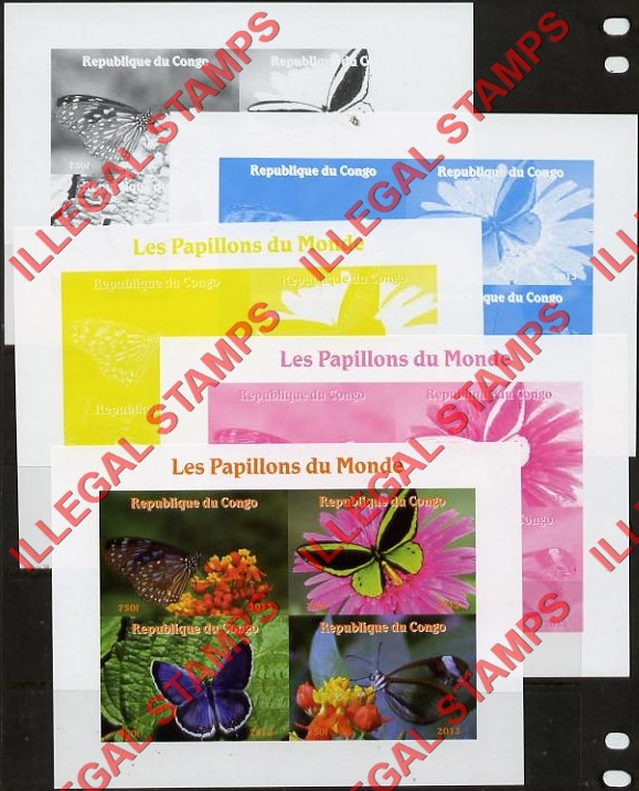 Congo Republic 2013 Butterflies Illegal Stamp Souvenir Sheet of 4 with White Background Fake Color Proofs