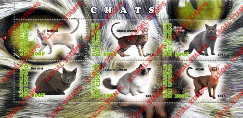 Congo Republic 2013 Cats Illegal Stamp Souvenir Sheet of 6