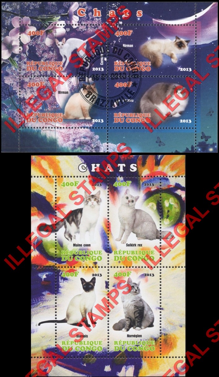 Congo Republic 2013 Cats Illegal Stamp Souvenir Sheets of 4