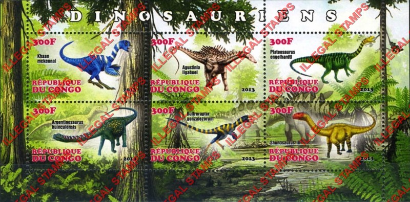 Congo Republic 2013 Dinosaurs Illegal Stamp Souvenir Sheet of 6
