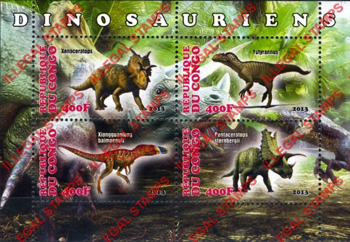 Congo Republic 2013 Dinosaurs Illegal Stamp Souvenir Sheet of 4