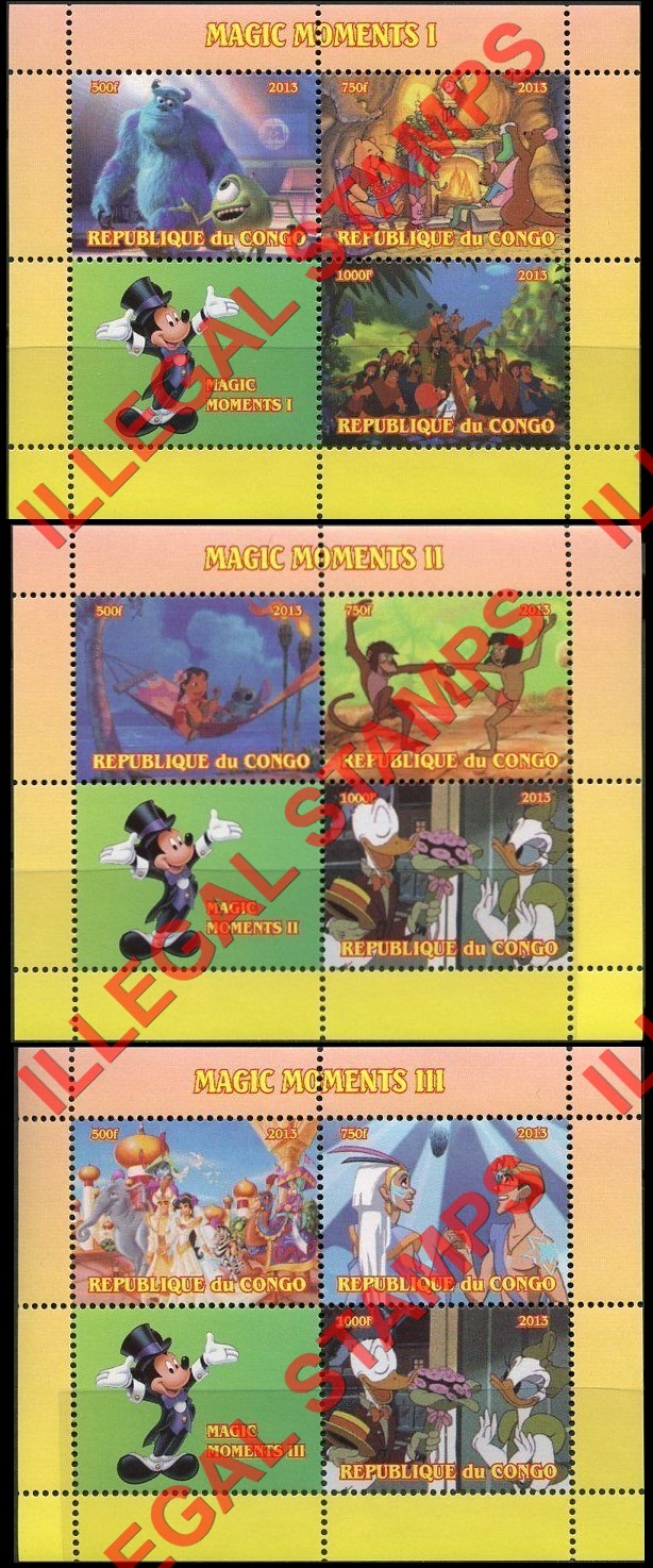 Congo Republic 2013 Disney Magic Moments Illegal Stamp Souvenir Sheets of 4