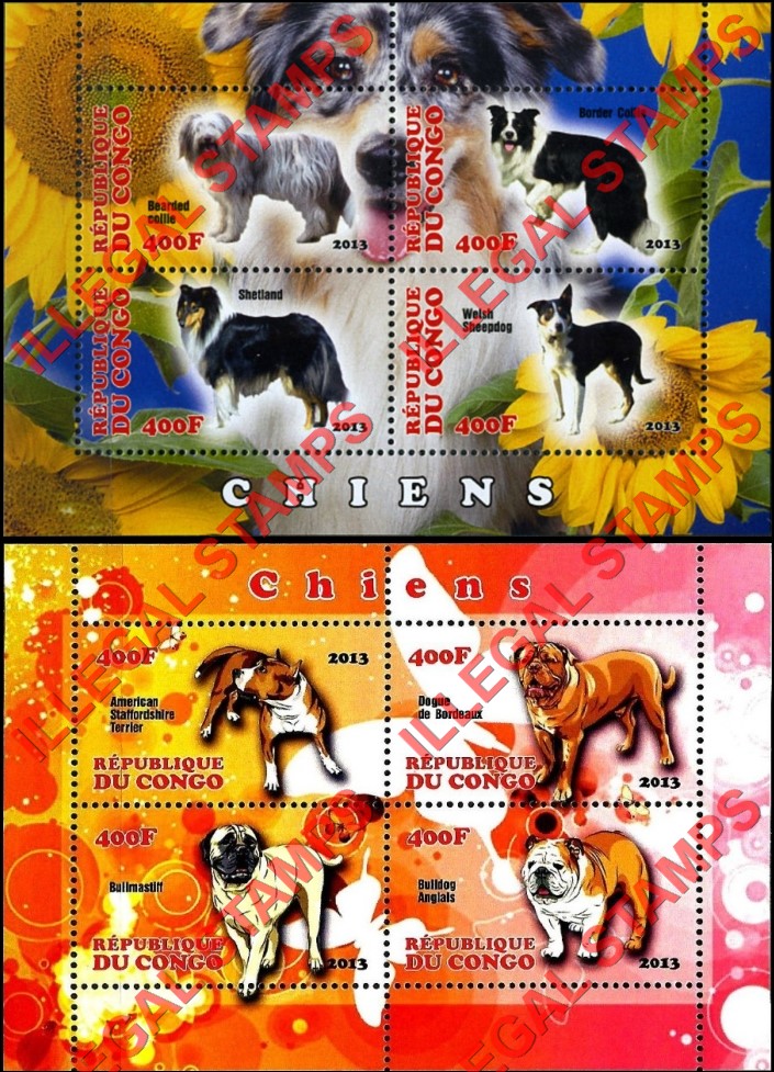 Congo Republic 2013 Dogs Illegal Stamp Souvenir Sheets of 4