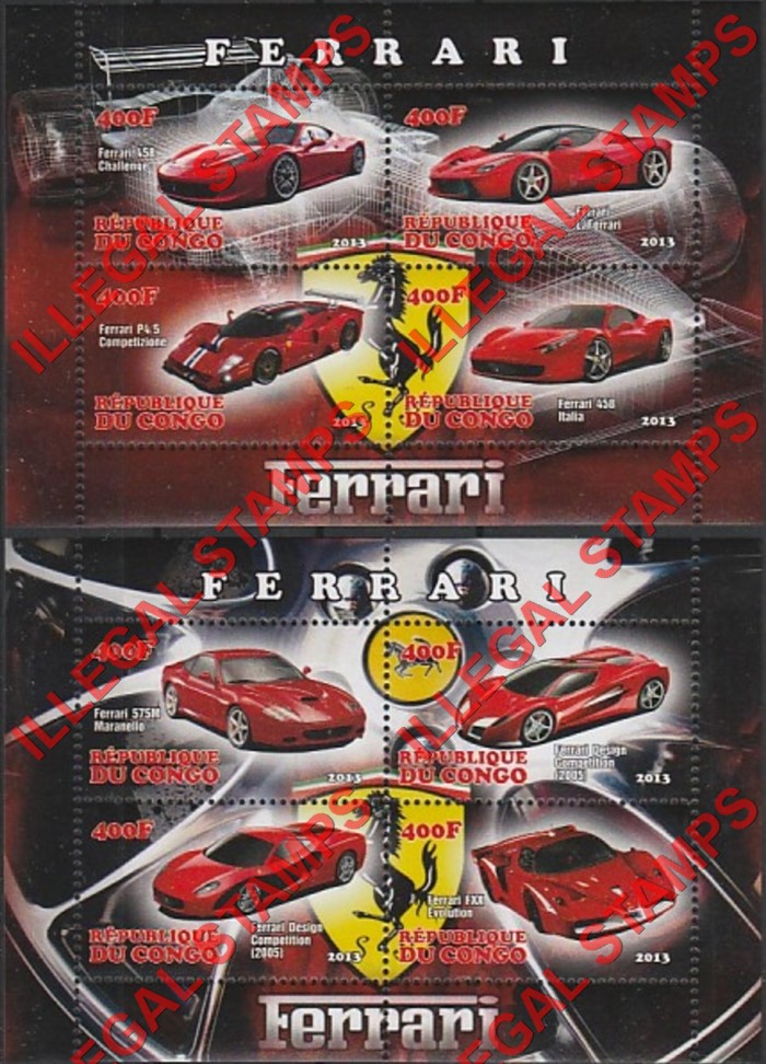 Congo Republic 2013 Ferrari Illegal Stamp Souvenir Sheets of 4